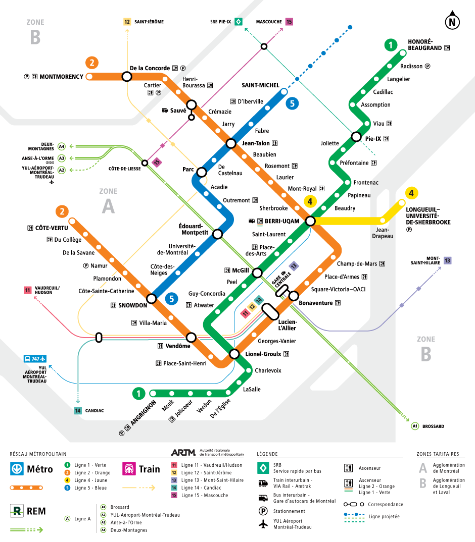 Rapid transit map of Montreal - all modes, as of late 2025. Société de transport de Montréal
