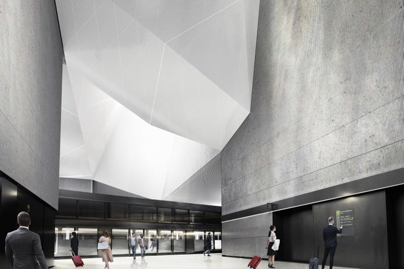Aéroport-Montréal-Trudeau REM station design render. JLP Architectes