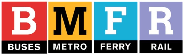 Mode icons in Calvert font, B for bus, M for Metro, F for ferry, R for rail. Nexus