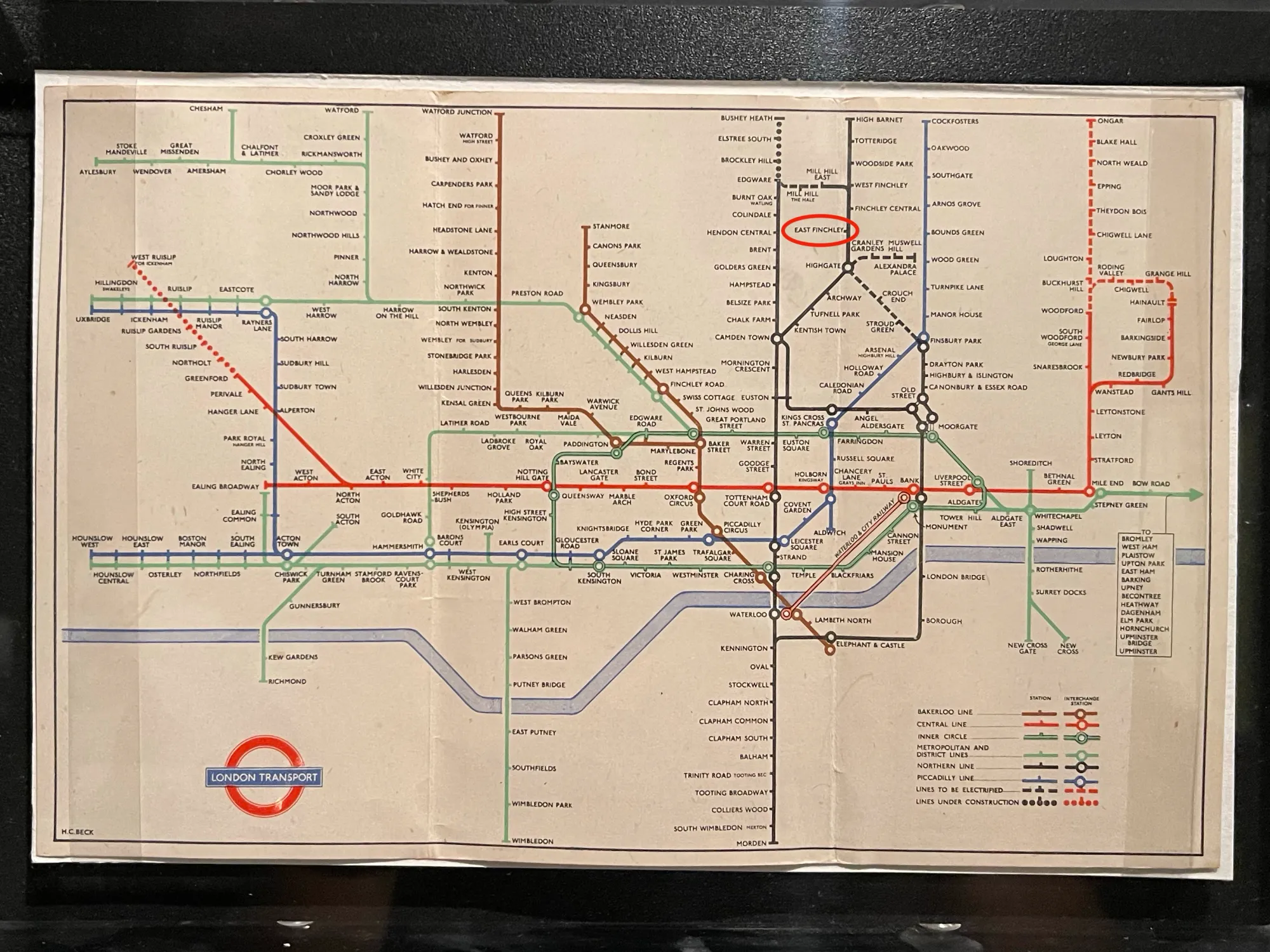 1930s Tube map showing designed Northern Heights lines - East Finchley circled