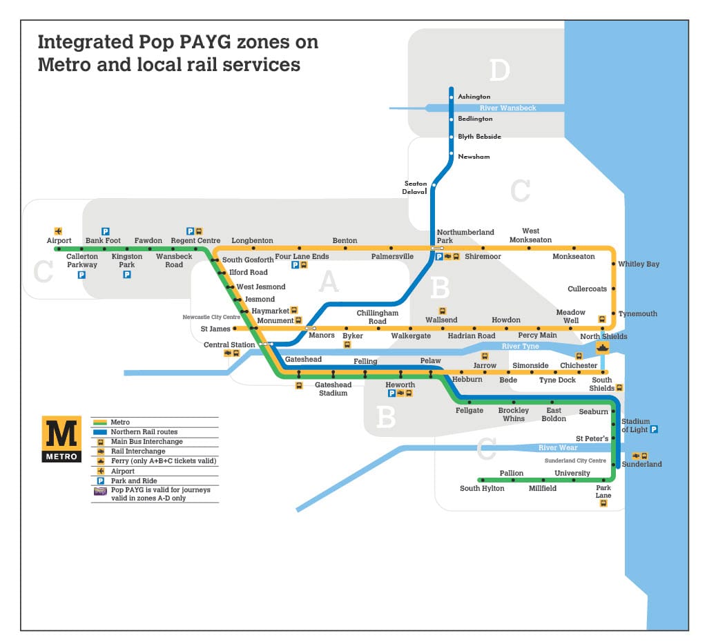 Tyne & Wear, local rail zone map. Nexus