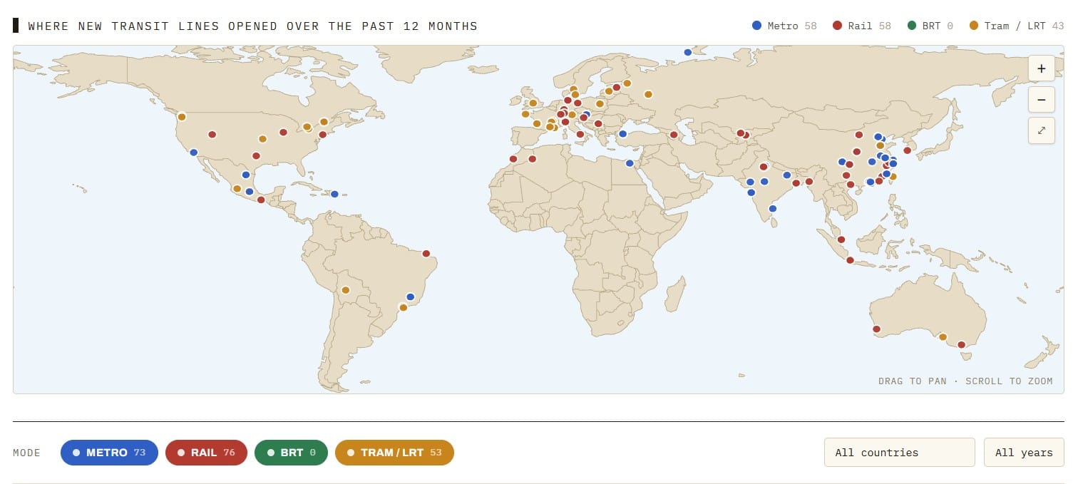 Map of rapid transit openings by mode. Transport Politic