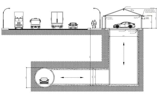 Side view cross-section of single car tunnel under 4 lane street, with car lift to one side. It's obvious the Hyperloop would