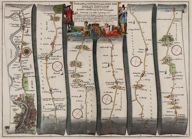 Ogilby's_Britania The first to scale road atlas 1675