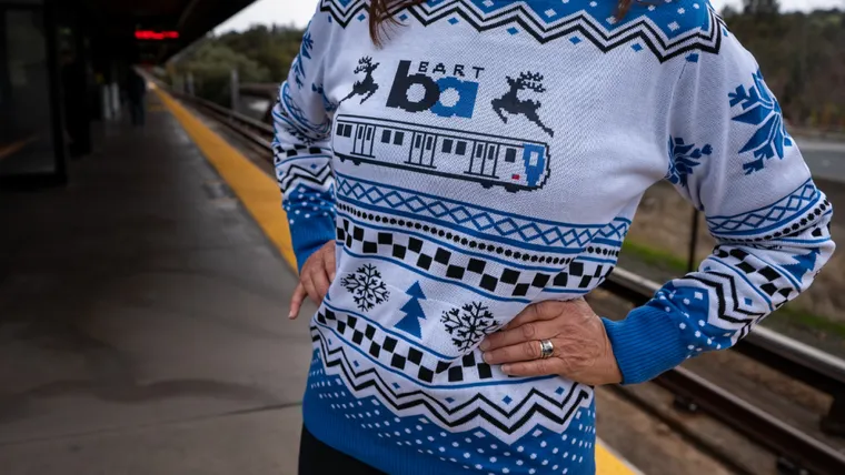 BART Ugly Christmas Sweater with subway train & reindeer
