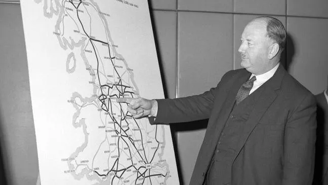 Beeching Strikes Again, pointing to Manchester, to which HS2 has been cut (Network Rail photo)
