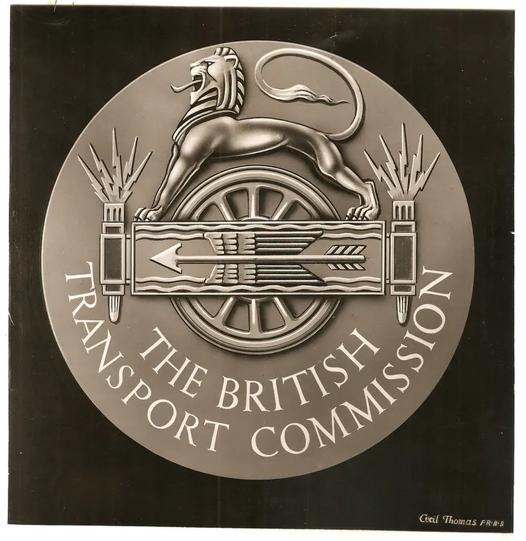 Drawing of British Transport Commission corporate seal showing a lion on a railway wheel & an arrow - by Cecil Thomas 1948 vi