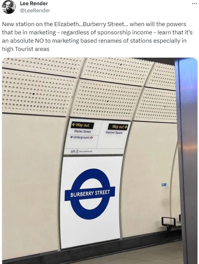 Tweet of anger about the Burberry Street for Bond Street Station confusing rebrand