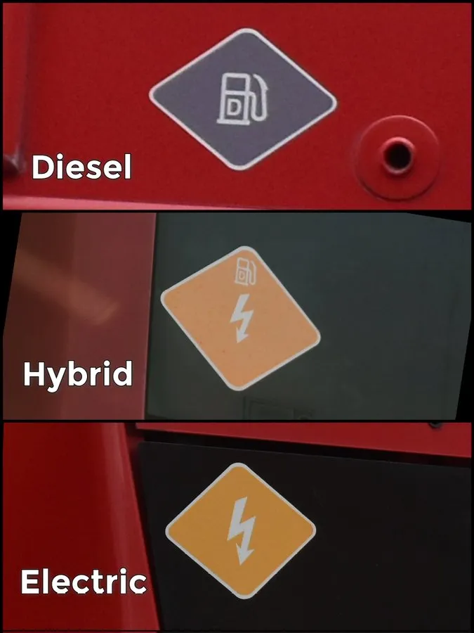 3 London Bus motor type diamond stickers - requested by London Fire - indicating Diesel, Hybrid, & Electric motors