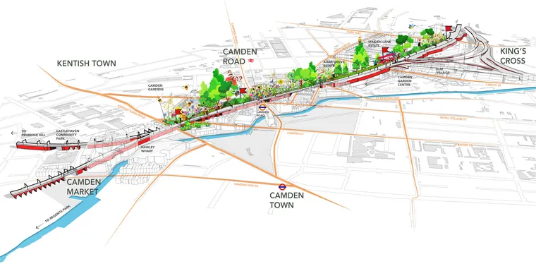 Axonometric drawing of Camden Highline conversion of unused rail tracks to a linear park