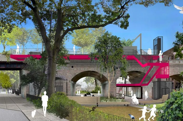 Render of railway viaduct at Camden Garden with stairs to Camden Highline