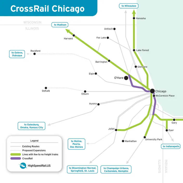Conceptual map of Chicago Crossrail & potential high speed rail corridors through Chicagoland
