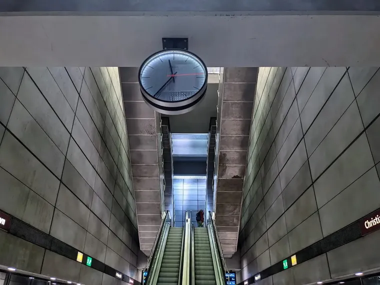Christianshavn Metro station Copenhagen, looking up escalators in tall space - Martha Lauren