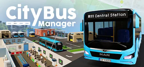 Pic of the animation of the City Bus Manager video game, showing a bus, with a bus depot in the background with roofs removed