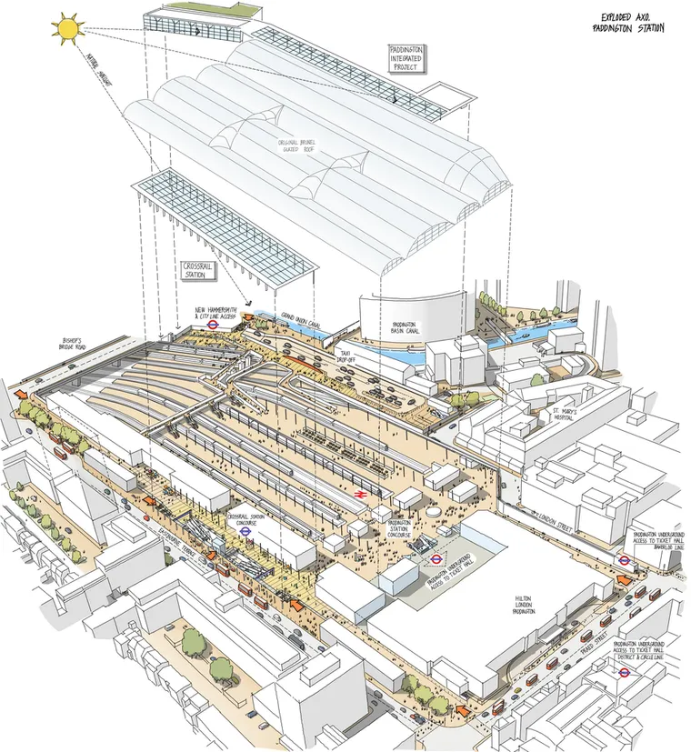 Crossrail Paddington top external view with roof lifted to see Crossrail platforms, tracks, Underground stations, by Weston-W
