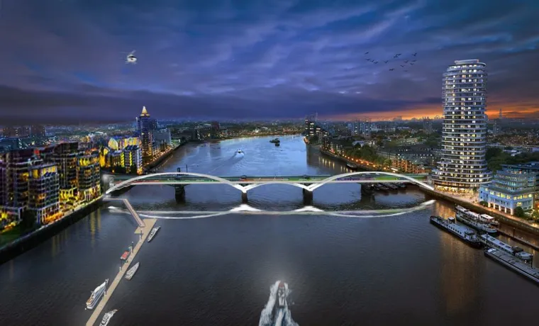 Render of Cremorne (former Diamond Jubilee) pedestrian & cycle bridge spanning the Thames, viewed from above the River & down