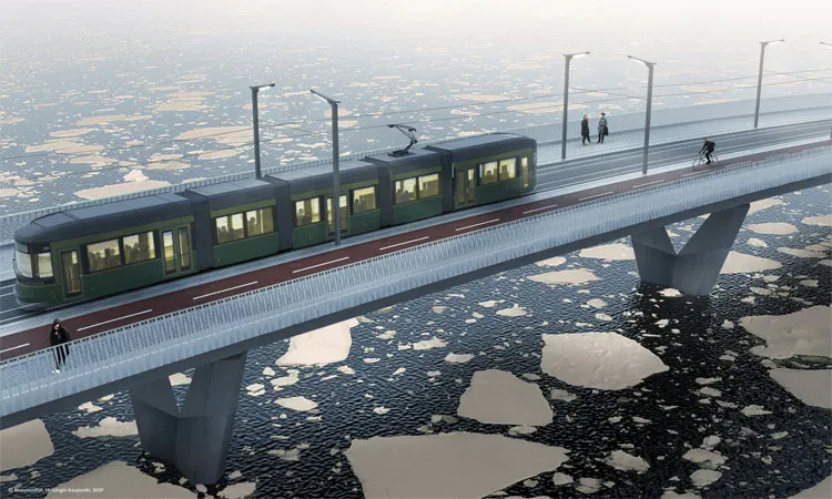 Render of tram & pedestrian bridge over icy water of Helsinki's Tramway Crown Bridges Project