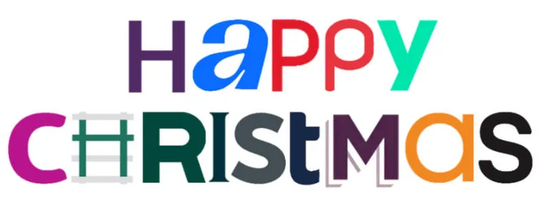 The word Happy Christmas spelt out using letters from TOC and other logos