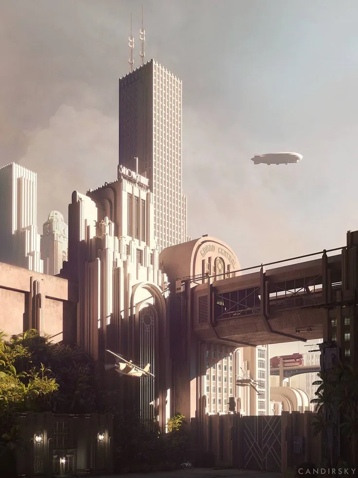 Art Deco LR Towers w Airship Overhead