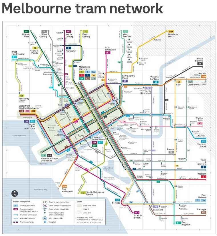 Melbourne Tram Map as of 2021, operated by almost 500 trams at a time.