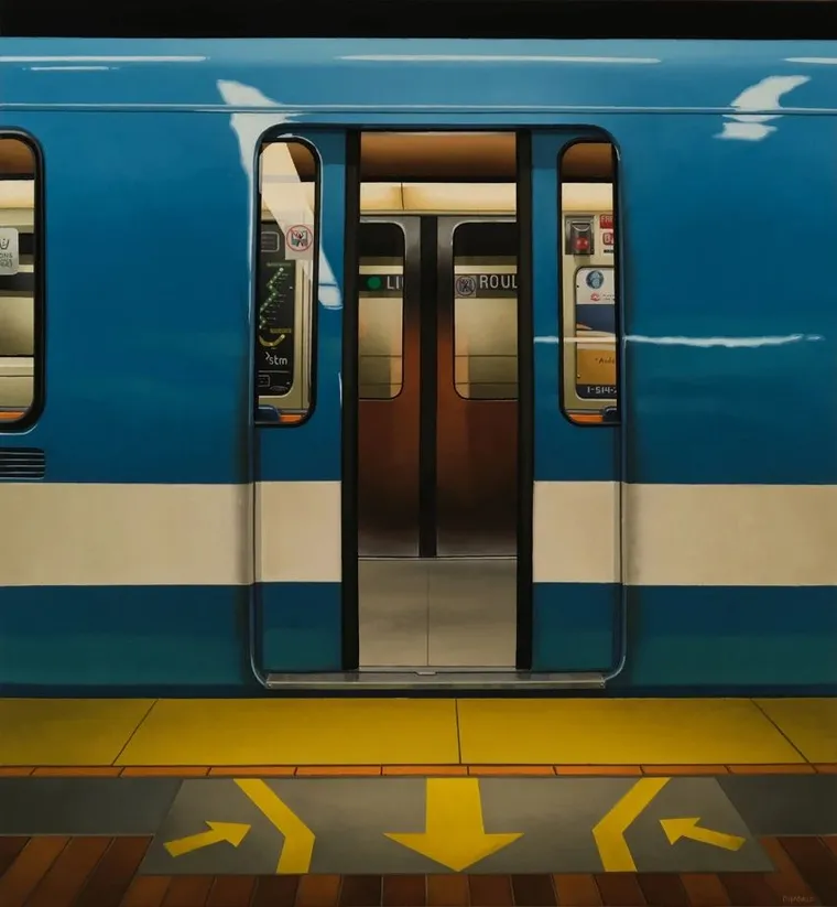 Montréal Métro Departure painting with door crease sticker by Peter Harris
