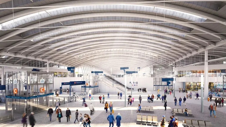 HS2 Old Oak Common station render showing vast curved ceiling space inside