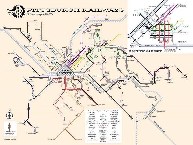 Pittsburgh Railway Company Map in 1954