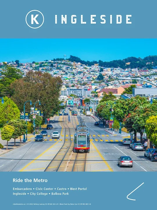 Photo of San Francisco's K Ingleside LRT Line with hill covered in houses in background