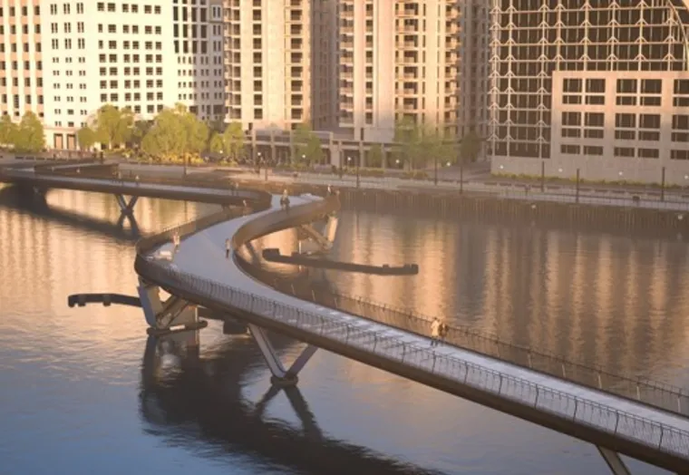 Render of Royal Victoria Dock submitted pedestrian & cycle S curve bridge