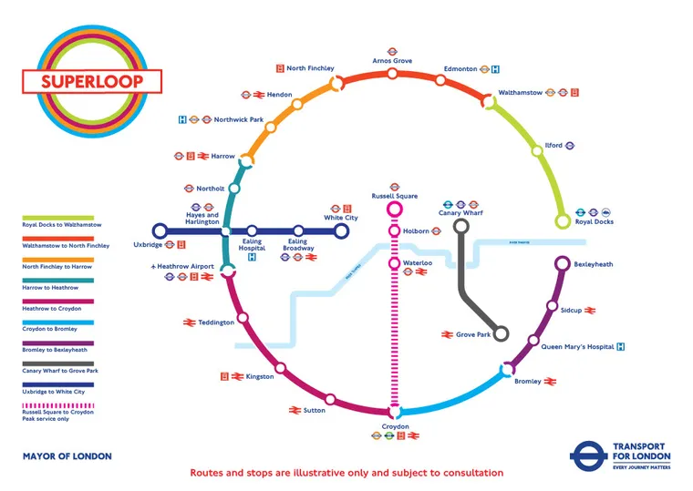Circular colourful diagram of TfL SuperLoop Map of orbital bus routes, with Legend