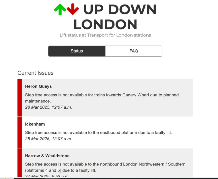 Up Down London Lift Status screen