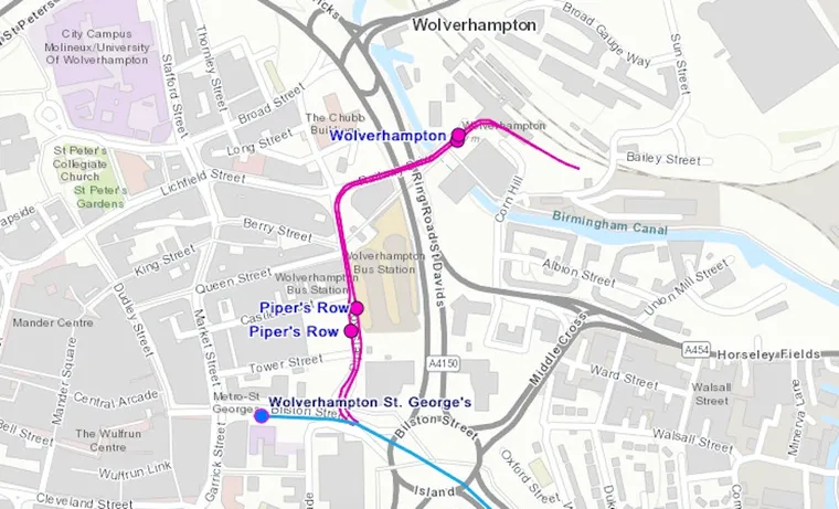 Map of tram extension to Wolverhamton railway station