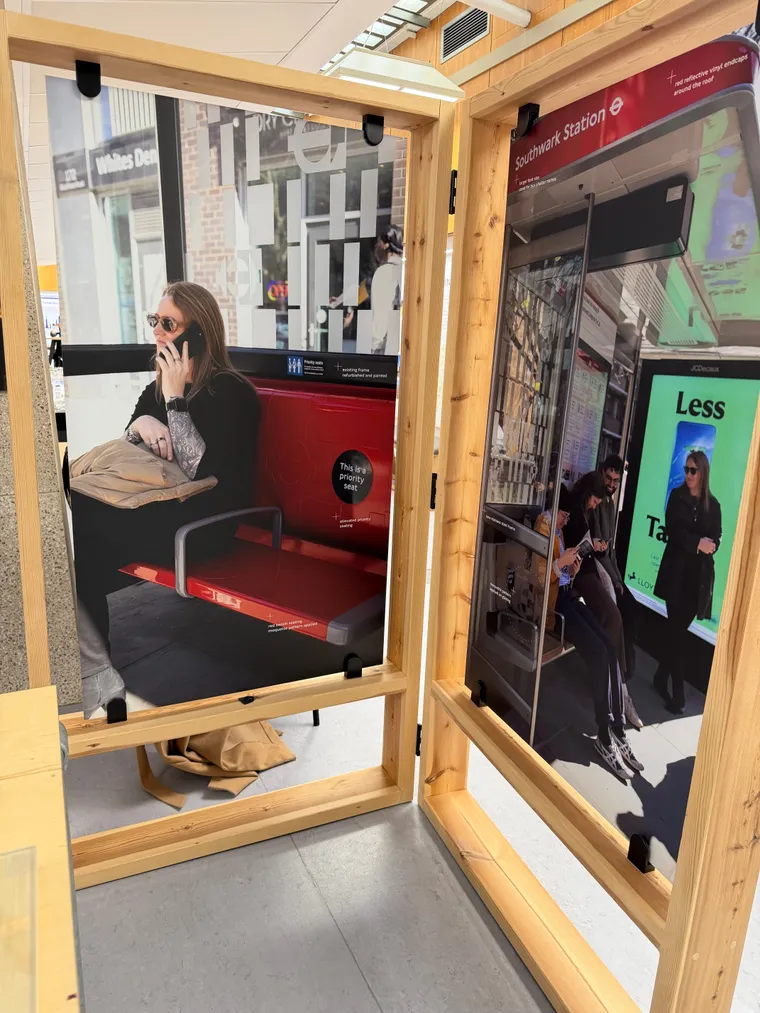 Photo of the deconstructed TfL new bus stop design, including posters. Now let's be clear