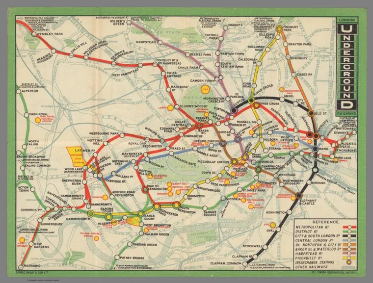 Colour line London underground railways map by George Philip & Son Ltd. 1912