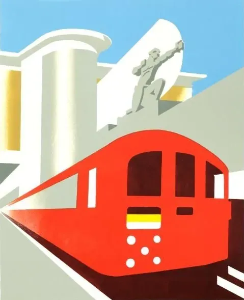 Stylised image of red 1938 Tube Stock at Art Deco East Finchley Underground station. Paul Catherall