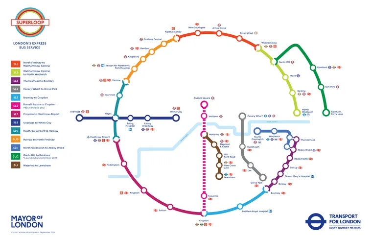 Superloop map with new SL12 extra-loop route added at northwest. TfL