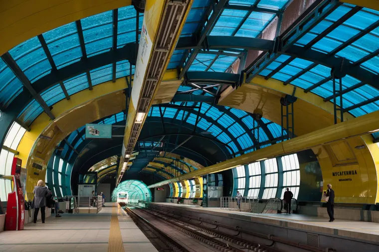 Sofia Metro oval shaped, glass ceilinged, colourful station. Beyond the Rails