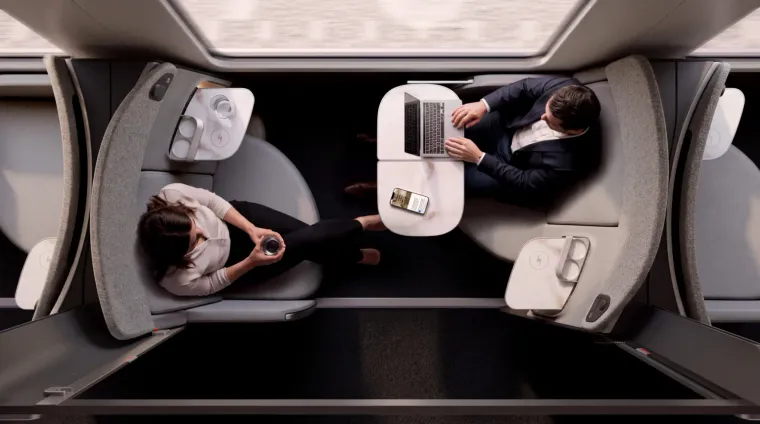 Day Dream train Business Class layout concept, from above, showing 2 passengers in a 2 seat facing orientation. PriestmanGoode